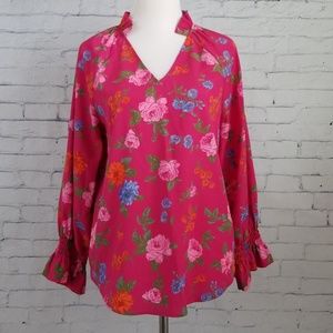 Ann Taylor Pink Floral V-neck Ruffle Top Blouse
